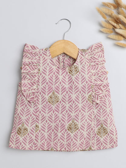 Leaf Printed Cotton Sustainable and Comfortable Ruffle Sleeves Top For Girls- Onion Pink