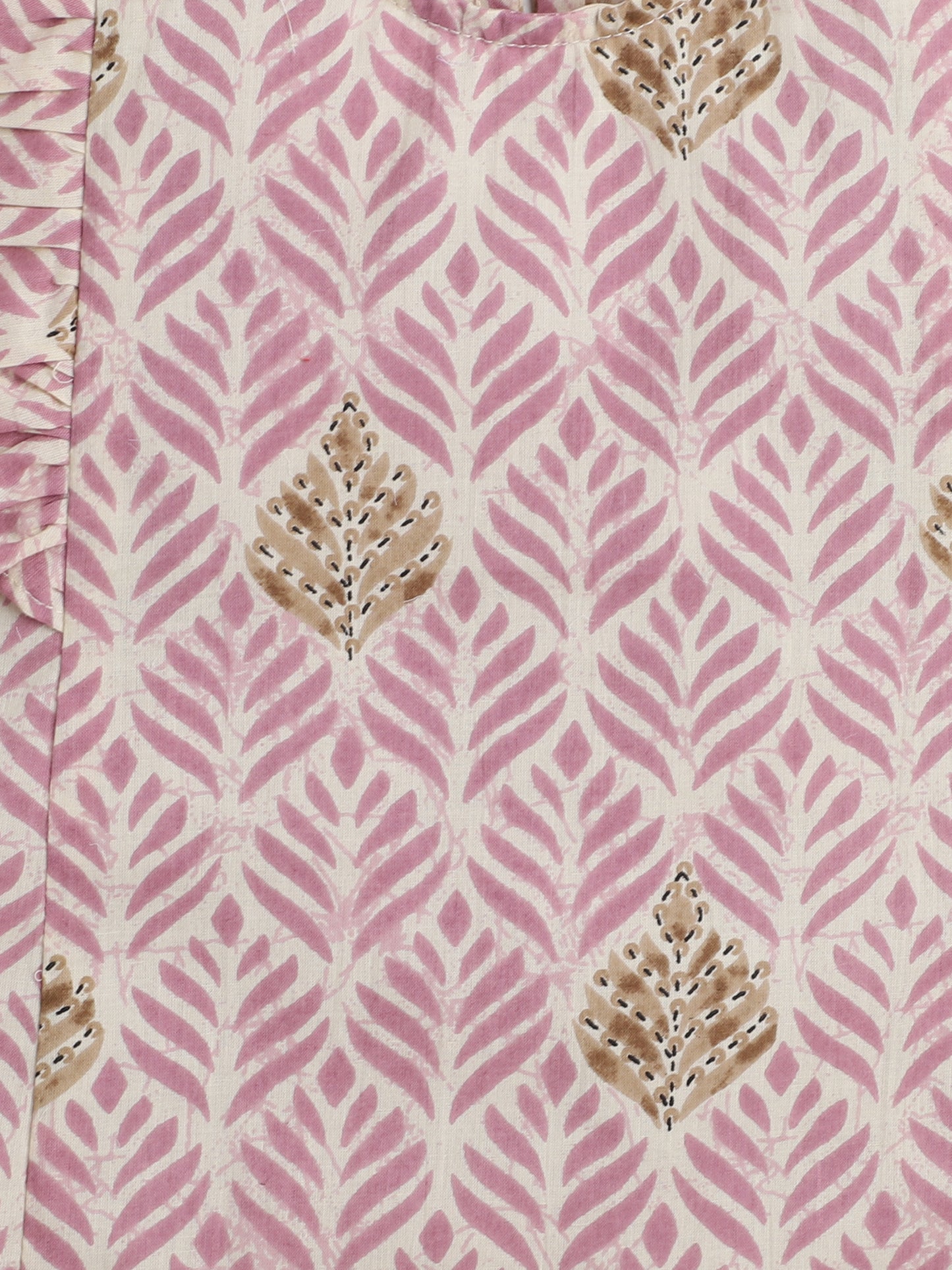 Leaf Printed Cotton Sustainable and Comfortable Ruffle Sleeves Top For Girls- Onion Pink