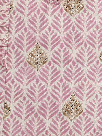 Leaf Printed Cotton Sustainable and Comfortable Ruffle Sleeves Top For Girls- Onion Pink