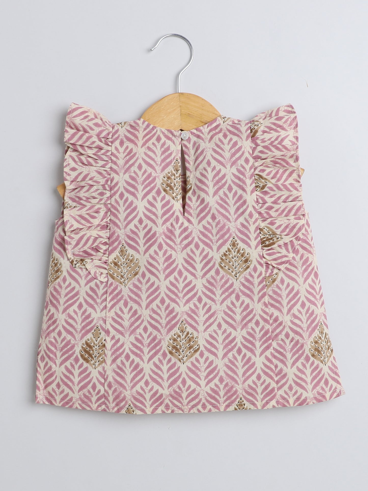 Leaf Printed Cotton Sustainable and Comfortable Ruffle Sleeves Top For Girls- Onion Pink