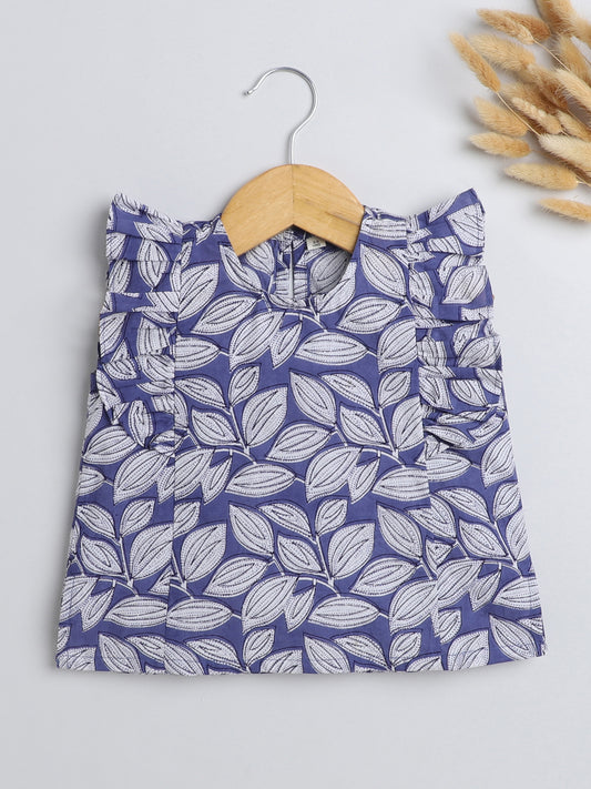 Leaf Printed Cotton Sustainable and Comfortable Ruffle Sleeves Top For Girls-Indigo Blue