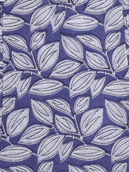 Leaf Printed Cotton Sustainable and Comfortable Ruffle Sleeves Top For Girls-Indigo Blue