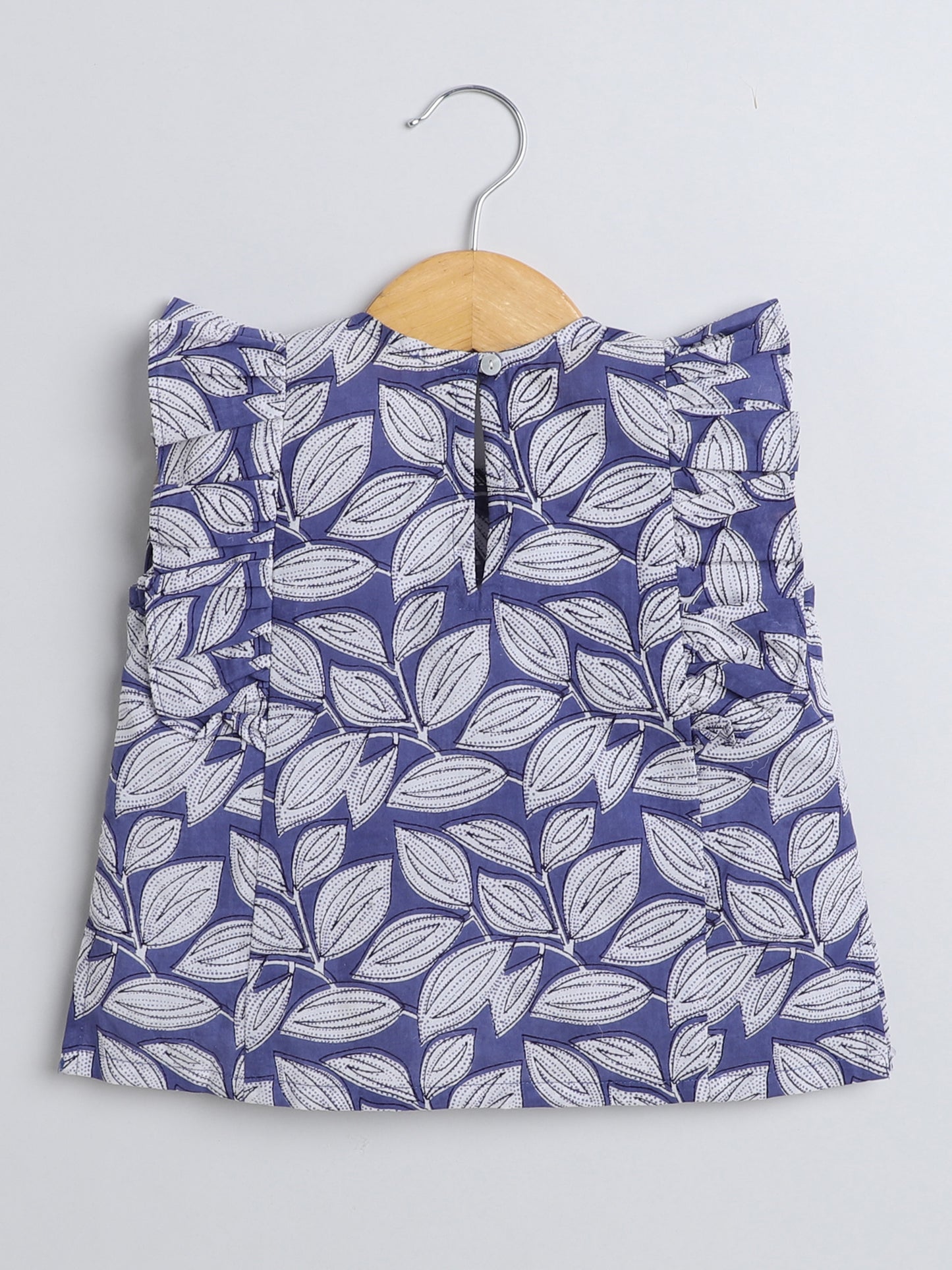 Leaf Printed Cotton Sustainable and Comfortable Ruffle Sleeves Top For Girls-Indigo Blue