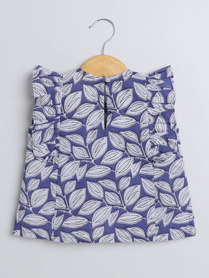Leaf Printed Cotton Sustainable and Comfortable Ruffle Sleeves Top For Girls-Indigo Blue