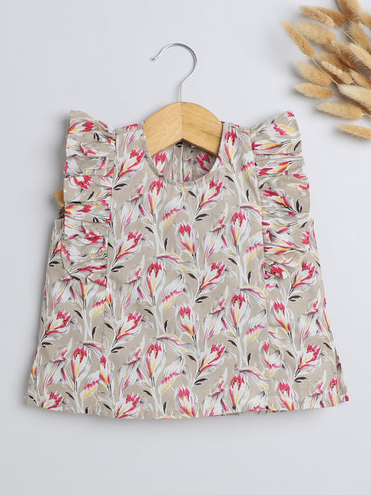 Floral Printed Cotton Sustainable and Comfortable Ruffle Sleeves Top For Girls-Beige