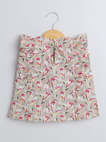 Floral Printed Cotton Sustainable and Comfortable Ruffle Sleeves Top For Girls-Beige