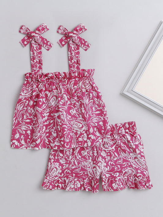 Floral Printed Shoulder Straps Singlet Tie Up Knot Top And Shorts Set For Girls Pink
