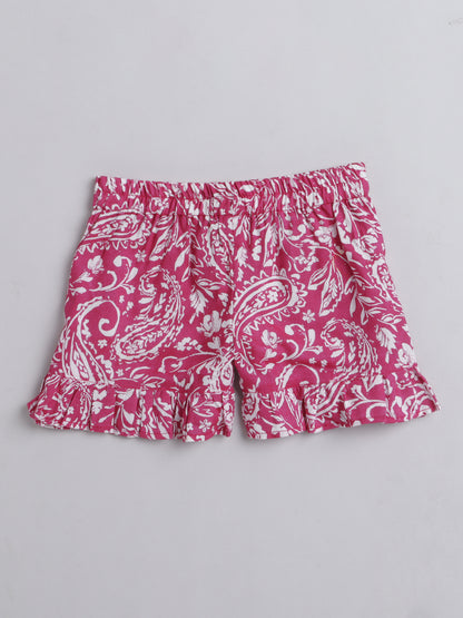 Floral Printed Shoulder Straps Singlet Tie Up Knot Top And Shorts Set For Girls Pink