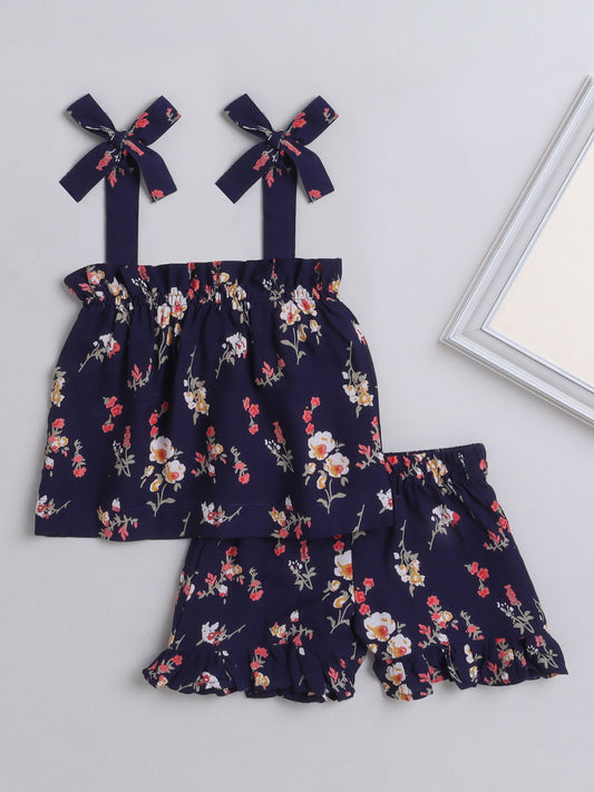 The Magic Wand Floral Printed Shoulder Straps Singlet Tie Up Knot Top And Shorts Set For Girls Navy Blue