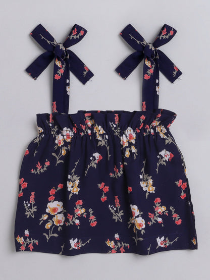 The Magic Wand Floral Printed Shoulder Straps Singlet Tie Up Knot Top And Shorts Set For Girls Navy Blue