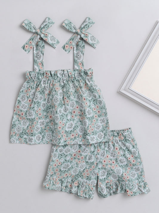 Floral Printed Shoulder Straps Singlet Tie Up Knot Top And Shorts Set For Girls Green