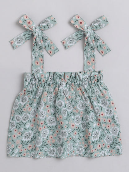 Floral Printed Shoulder Straps Singlet Tie Up Knot Top And Shorts Set For Girls Green