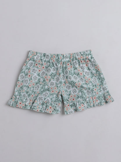 Floral Printed Shoulder Straps Singlet Tie Up Knot Top And Shorts Set For Girls Green