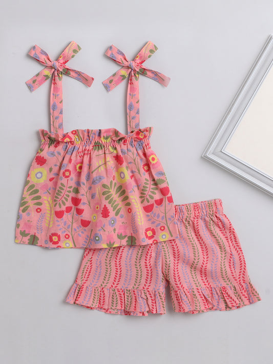 Floral Printed Shoulder Straps Singlet Tie Up Knot Top And Shorts Set For Girls Peach