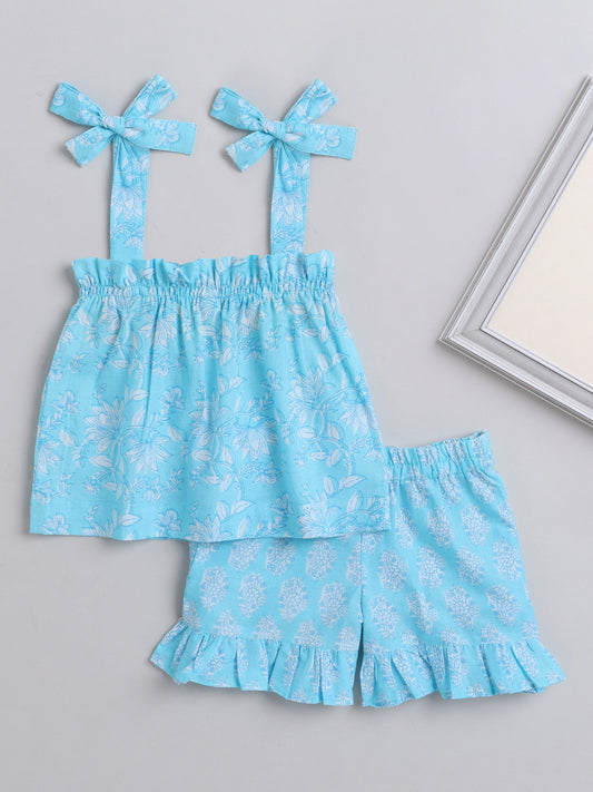 Floral Printed Shoulder Straps Singlet Tie Up Knot Top And Shorts Set For Girls T.Blue