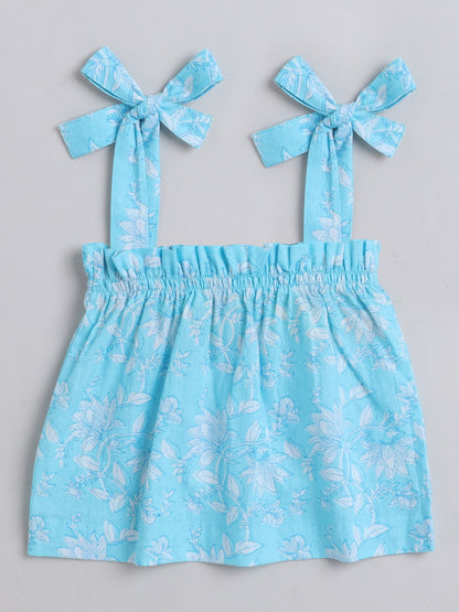 Floral Printed Shoulder Straps Singlet Tie Up Knot Top And Shorts Set For Girls T.Blue