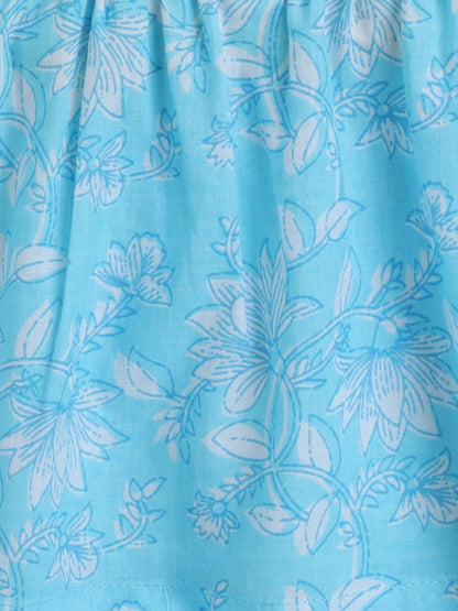 Floral Printed Shoulder Straps Singlet Tie Up Knot Top And Shorts Set For Girls T.Blue