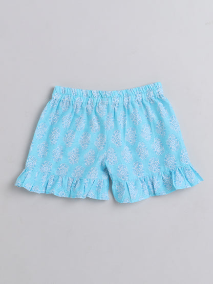 Floral Printed Shoulder Straps Singlet Tie Up Knot Top And Shorts Set For Girls T.Blue