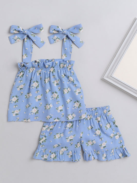 Floral Printed Shoulder Straps Singlet Tie Up Knot Top And Shorts Set For Girls-Blue