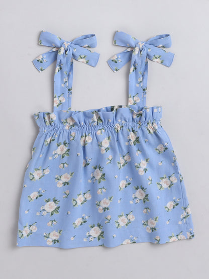 Floral Printed Shoulder Straps Singlet Tie Up Knot Top And Shorts Set For Girls-Blue