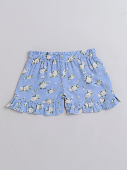 Floral Printed Shoulder Straps Singlet Tie Up Knot Top And Shorts Set For Girls-Blue