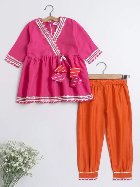 Lace Embelished 3/th Sleeves tassles Angrakha Kurta with Afghani Pants-Fuschia,Orange