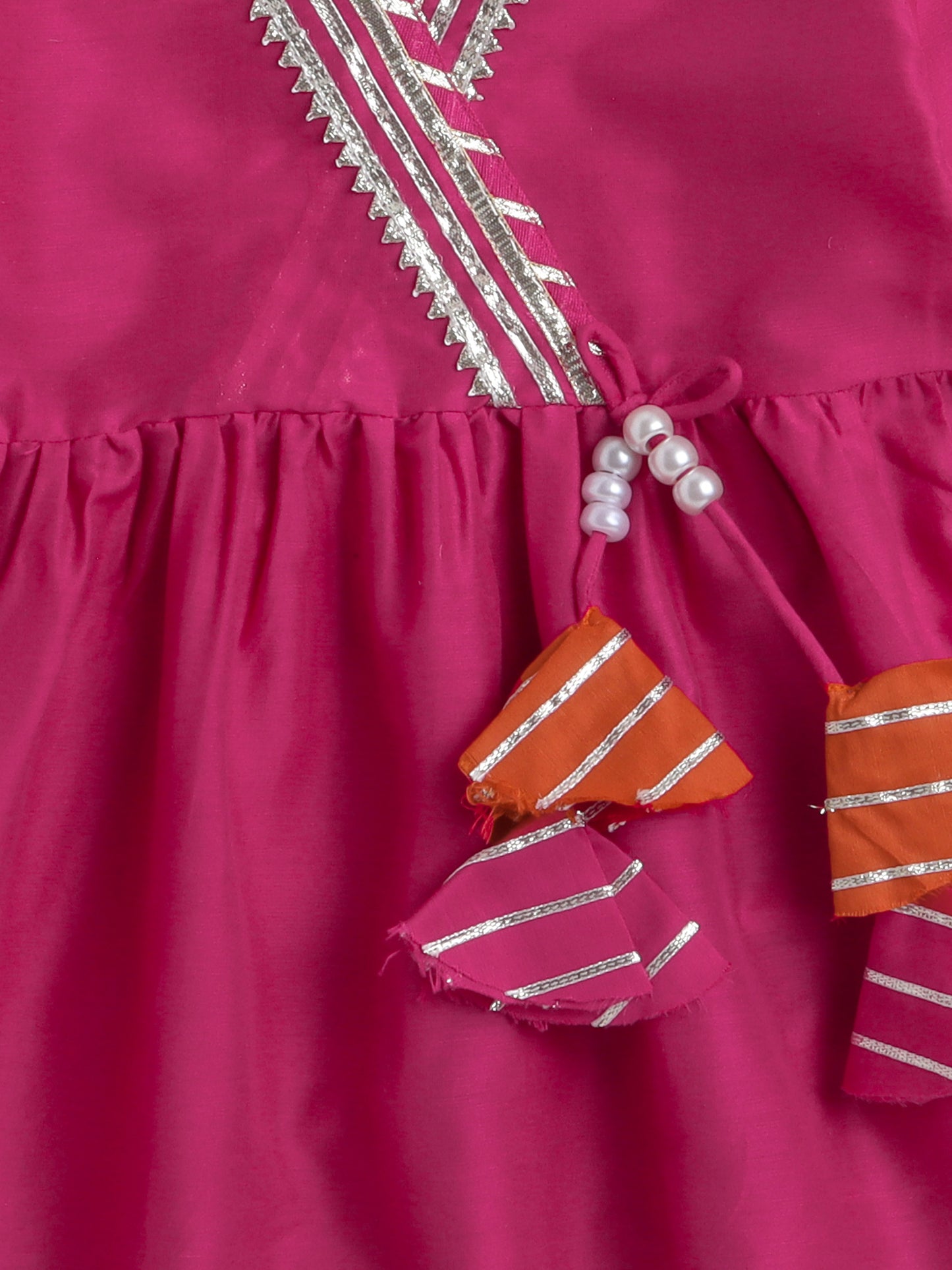 Lace Embelished 3/th Sleeves tassles Angrakha Kurta with Afghani Pants-Fuschia,Orange