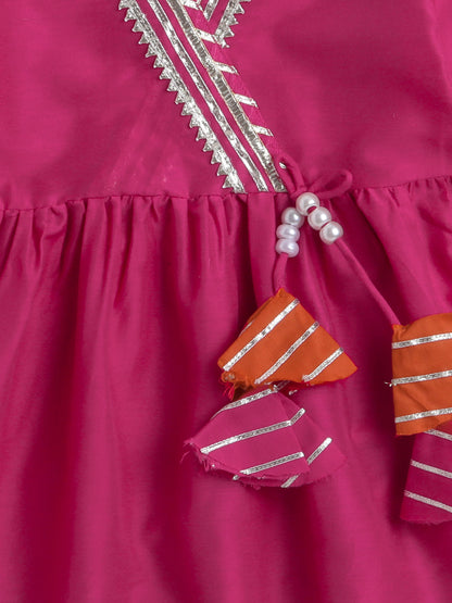 Lace Embelished 3/th Sleeves tassles Angrakha Kurta with Afghani Pants-Fuschia,Orange