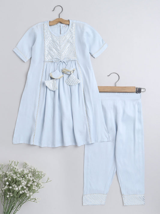 The Magic Wand Embellished Elbow Sleeves Nyra Cut Gleamy Solid Kurta With Pants Blue