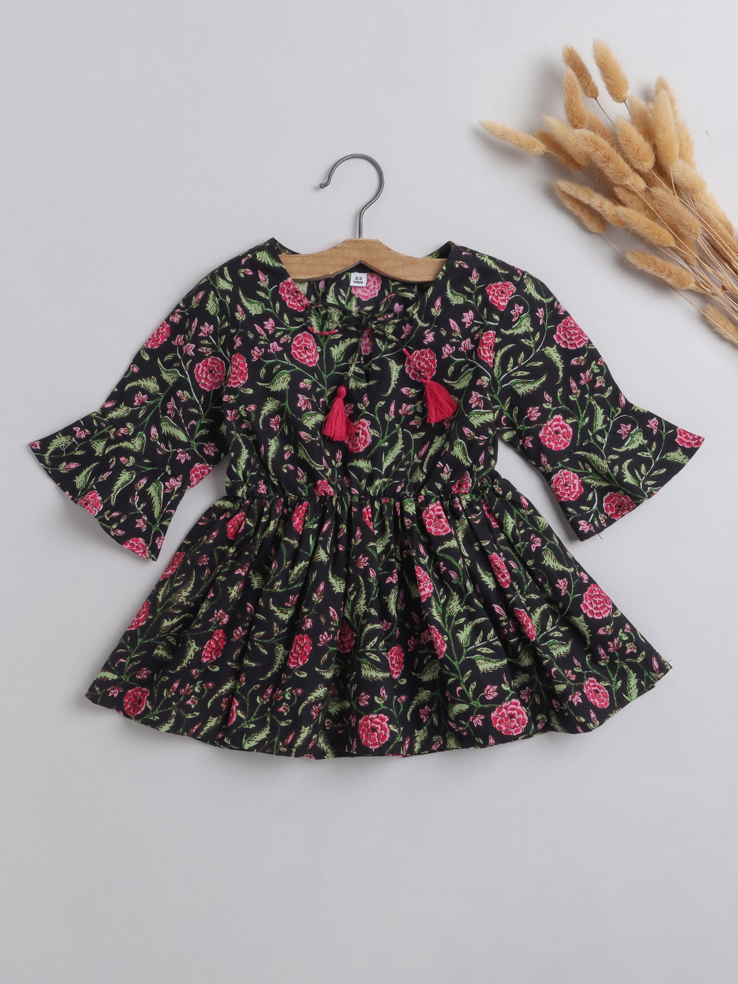 Gathered 3/4 Sleeves Floral Printed Round Neck Top With Tassels For Girls-Black
