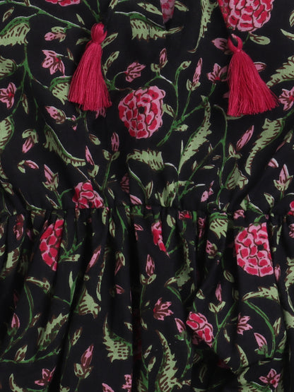 Gathered 3/4 Sleeves Floral Printed Round Neck Top With Tassels For Girls-Black