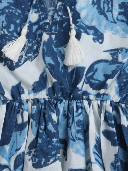 Gathered 3/4 Sleeves Floral Printed Round Neck Top With Tassels For Girls-Blue