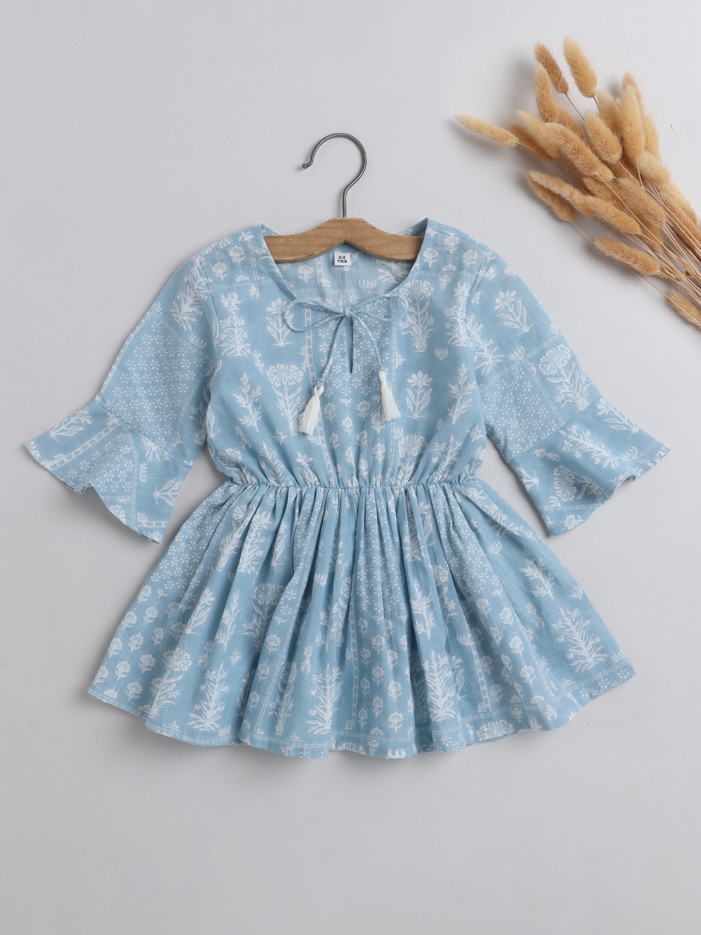 Gathered 3/4 Sleeves Floral Printed Round Neck Top With Tassels For Girls-Blue