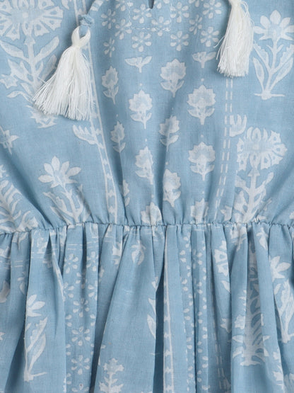 Gathered 3/4 Sleeves Floral Printed Round Neck Top With Tassels For Girls-Blue