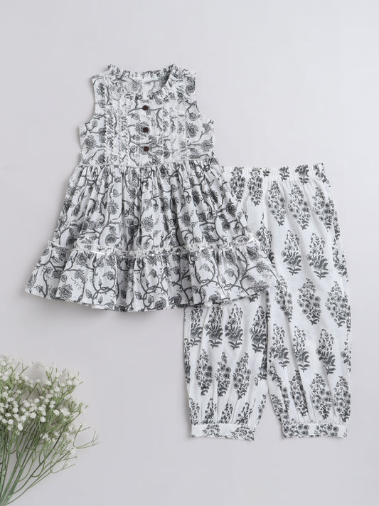 All Over Printed Sleeveless Gathered Top With Afghani Pants For Girls-Green