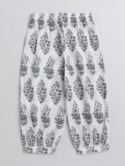 All Over Printed Sleeveless Gathered Top With Afghani Pants For Girls-Green