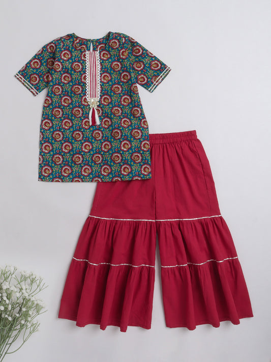 Printed Short Sleeves Kurta with Gota detailing & Sharara Set For Girls-Blue