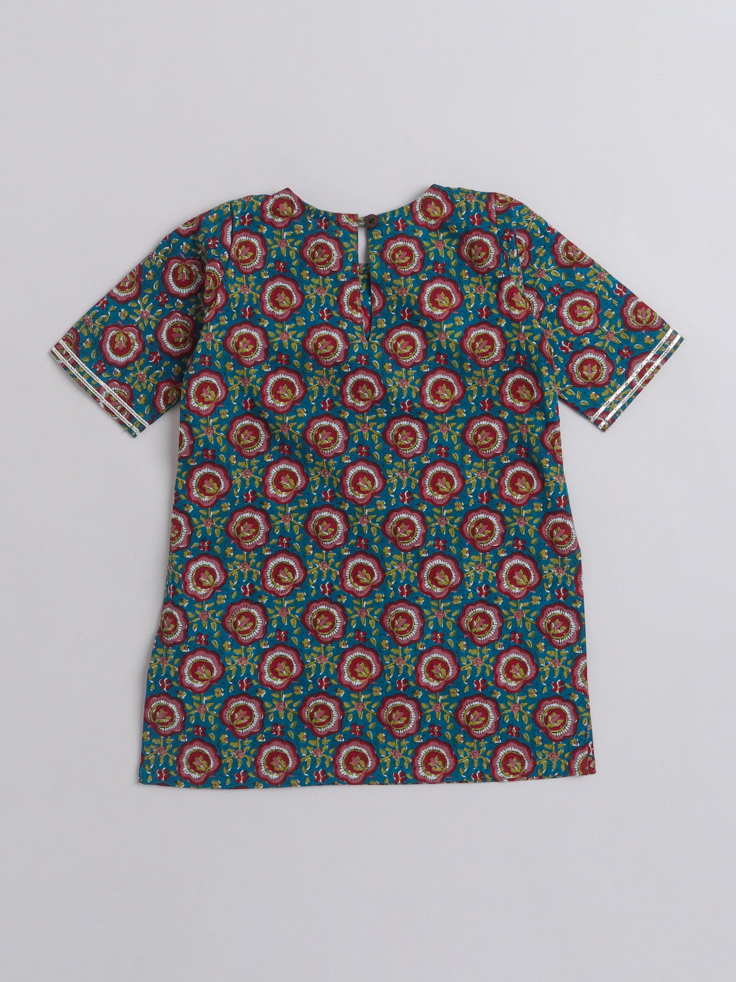 Printed Short Sleeves Kurta with Gota detailing & Sharara Set For Girls-Blue