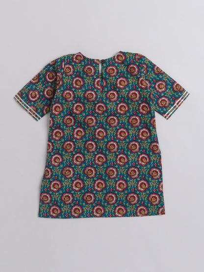 Printed Short Sleeves Kurta with Gota detailing & Sharara Set For Girls-Blue