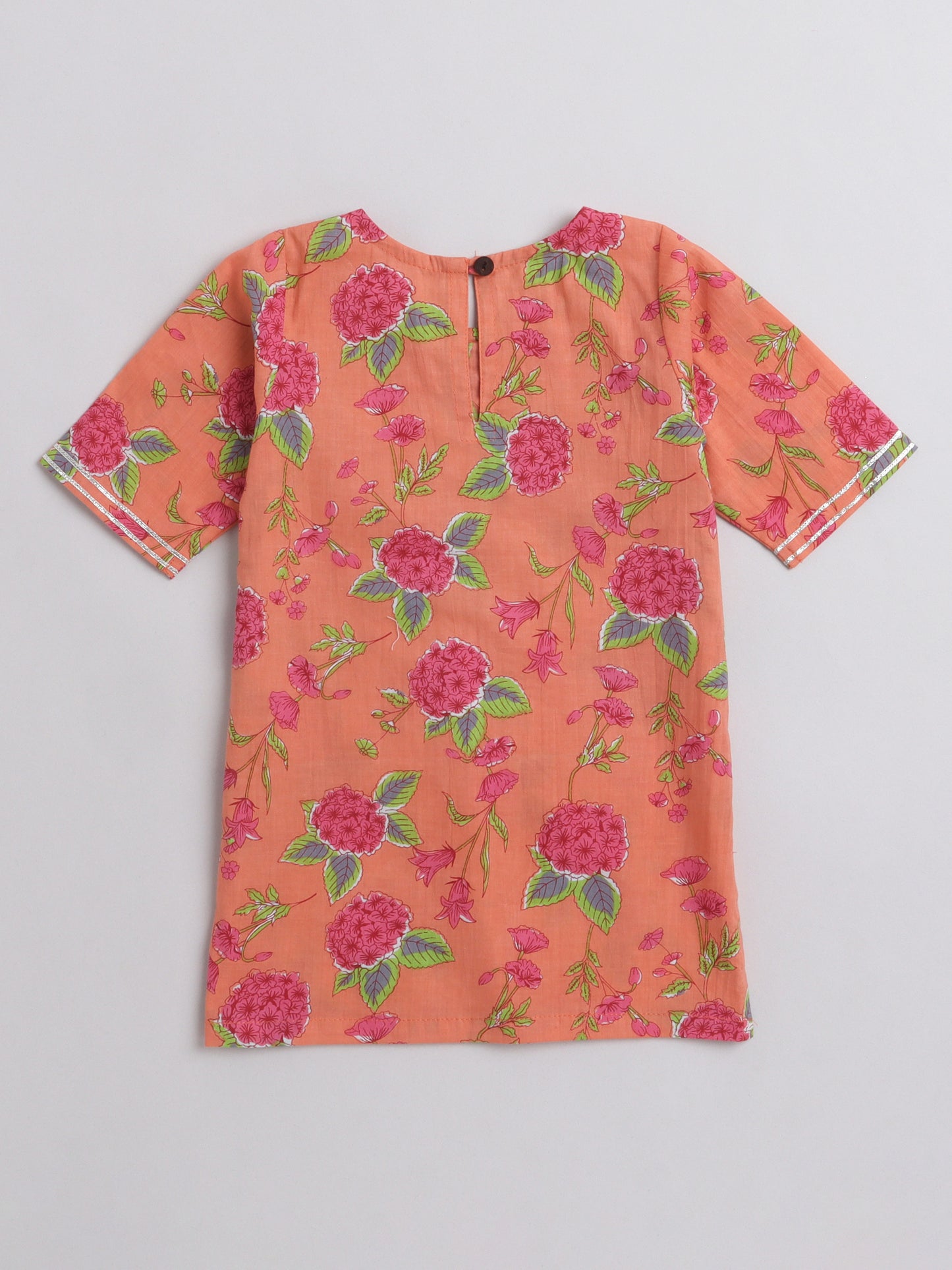 Printed Short Sleeves Kurta with Gota detailing & Sharara Set For Girls-Peach