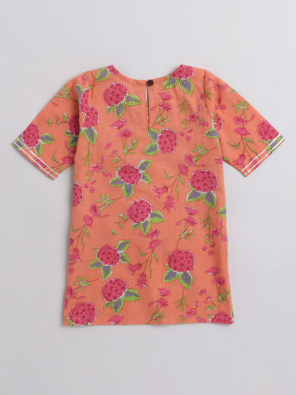 Printed Short Sleeves Kurta with Gota detailing & Sharara Set For Girls-Peach