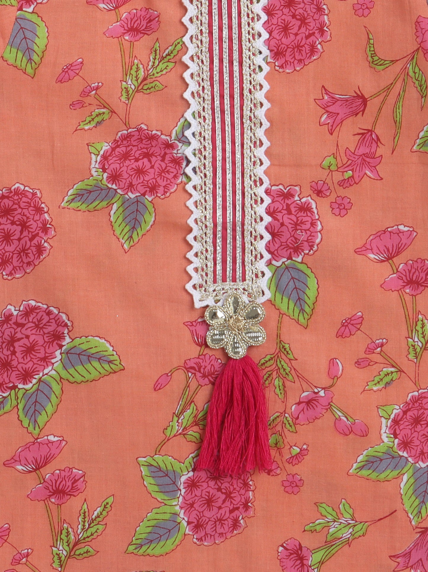 Printed Short Sleeves Kurta with Gota detailing & Sharara Set For Girls-Peach