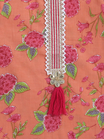 Printed Short Sleeves Kurta with Gota detailing & Sharara Set For Girls-Peach