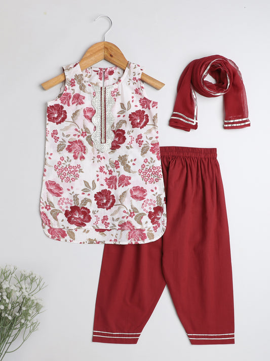 Floral Printed Sleeveless Kurta With Lace Detailing & Salwar Set With Dupatta For Girls-Maroon