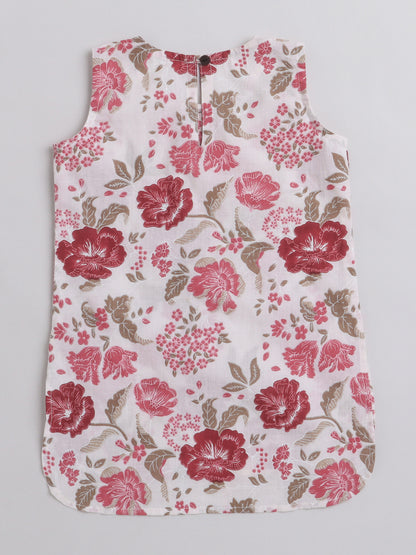 Floral Printed Sleeveless Kurta With Lace Detailing & Salwar Set With Dupatta For Girls-Maroon