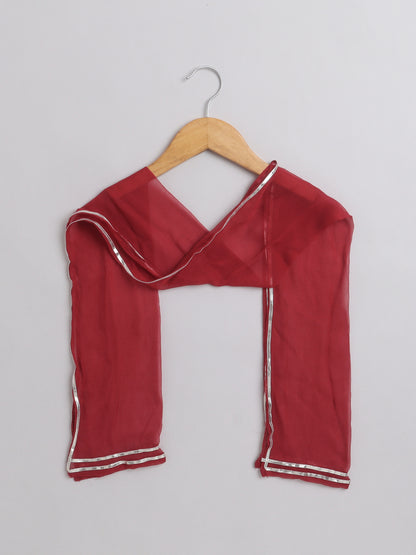 Floral Printed Sleeveless Kurta With Lace Detailing & Salwar Set With Dupatta For Girls-Maroon