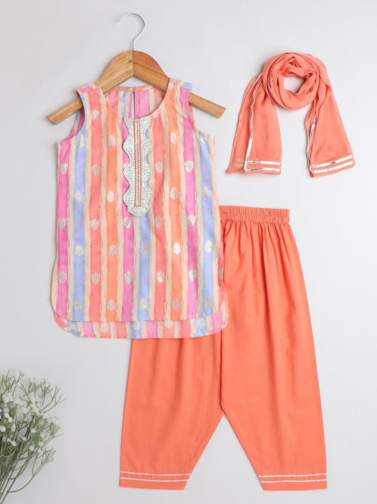 Stripes Sleeveless Kurta With Lace detailing & Salwar Set With Dupatta For Girls-Peach