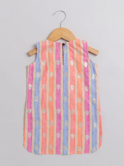 Stripes Sleeveless Kurta With Lace detailing & Salwar Set With Dupatta For Girls-Peach