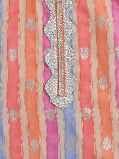 Stripes Sleeveless Kurta With Lace detailing & Salwar Set With Dupatta For Girls-Peach