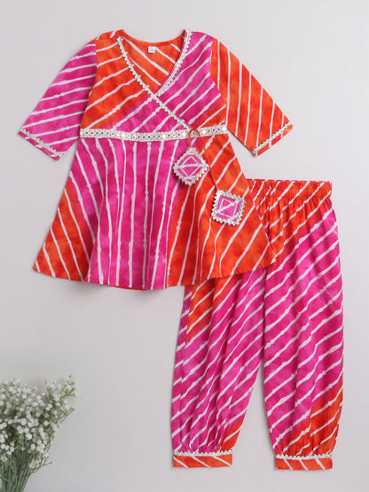 Leheriya Printed 3/4th Sleeves Gota Lace Kurta & Balloon Pant Set -Fuchsia, Orange